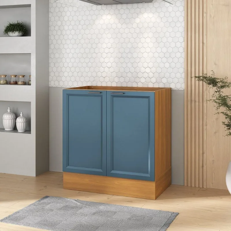 Balcão Planejado 2 Portas 80cm sem Tampo Soho CabeCasa MadeiraOriginals Freijó/Azul Freijó/Azul