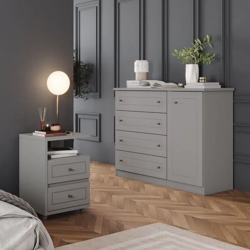 Conjunto Quarto Adulto Cômoda E 02 Mesas De Cabeceira Americano Cinza