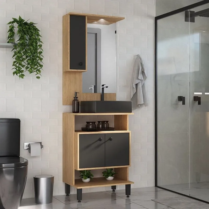 Conjunto De Banheiro Com Gabinete Cuba E Espelheira Led Berlin 60cm Carvalho Nature / Preto
