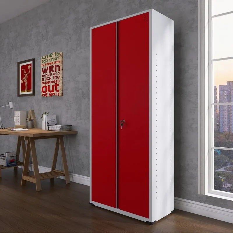 Armário De Escritório 2 Portas Com Chave E Prateleiras Reguláveis Aço Cinza/vermelho