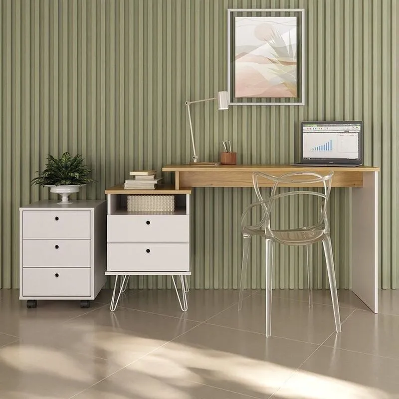 Conjunto Escrivaninha Mesa Escritório Home Office Plus Com Gaveteiro New 5 Gavetas Espresso Moveis Olmo/branco