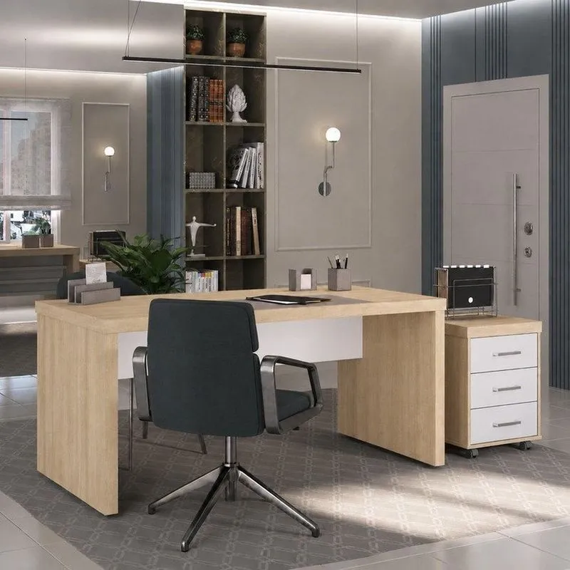 Conjunto Escritório Completo Mesa Tamburato 158,5cm Gaveteiro 3 Gavetas Carvalho/branco Carvalho/branco