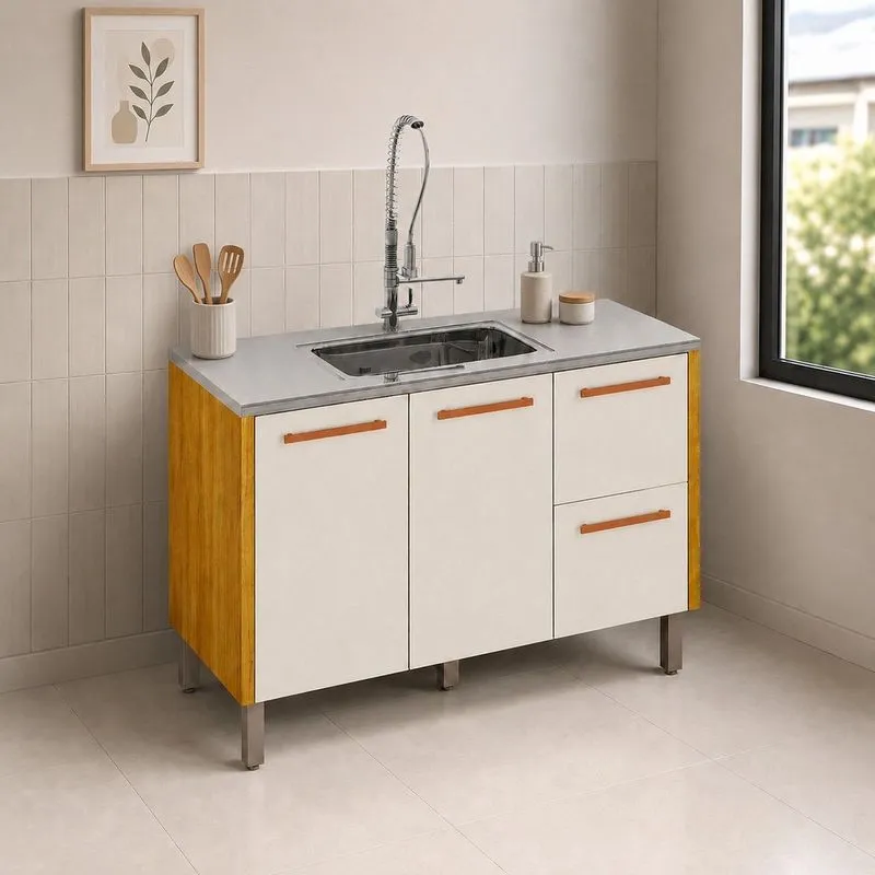 Balcão Para Pia 120cm 100% Mdf Linha Demi Espresso Móveis Cinamomo/ Off White Acetinado