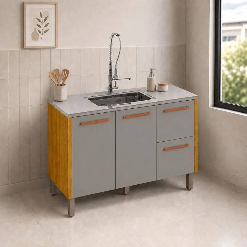 Balcão Para Pia 2 Portas 2 Gavetas 120cm Mdf Linha Demi Espresso Móveis Cinamomo/ Cinza Acetinado