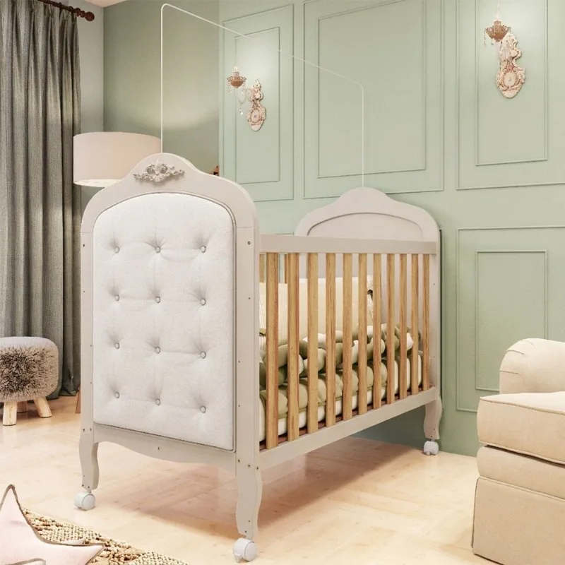 Berço Minicama 3 em 1 com Capitonê 100% MDF Maya Espresso Móveis Bege/Off White/Amêndoa/Corino B Off White/Amêndoa/Corino Branco
