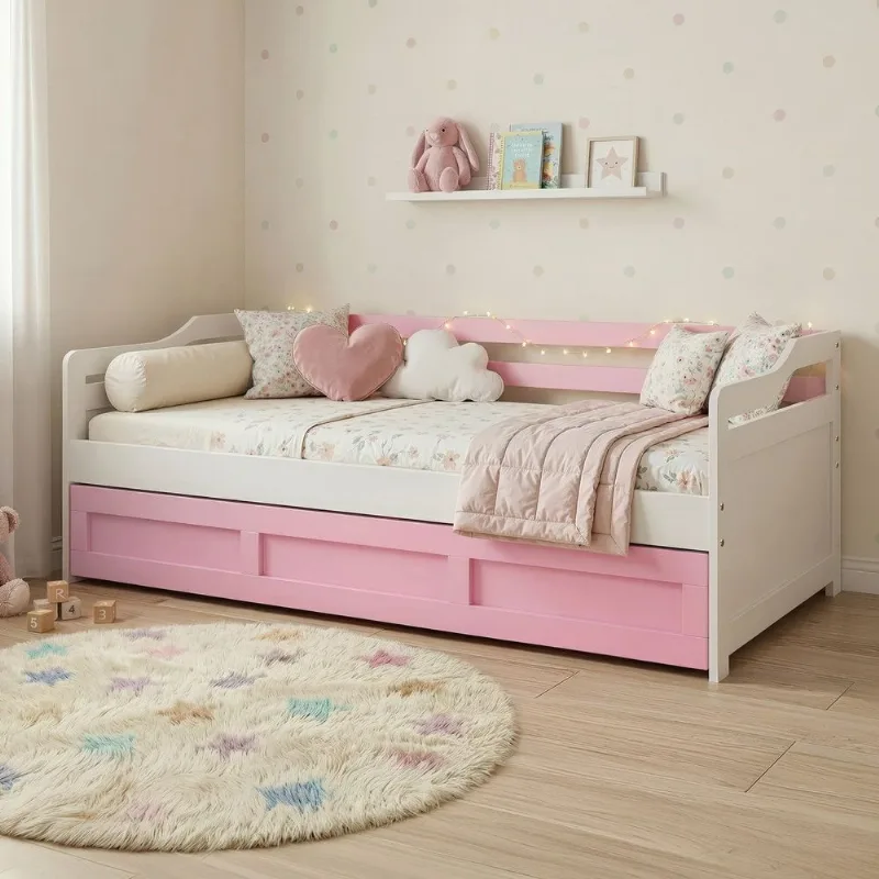 Bicama Infantil com Cama Auxiliar e Rodízio Madeira Maciça Londrina Branco/Rosa Branco/Rosa