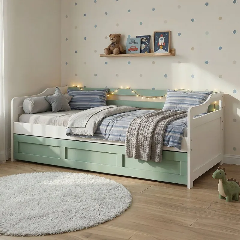 Bicama Infantil com Cama Auxiliar e Rodízio Madeira Maciça Londrina Branco/Verde Branco/Verde