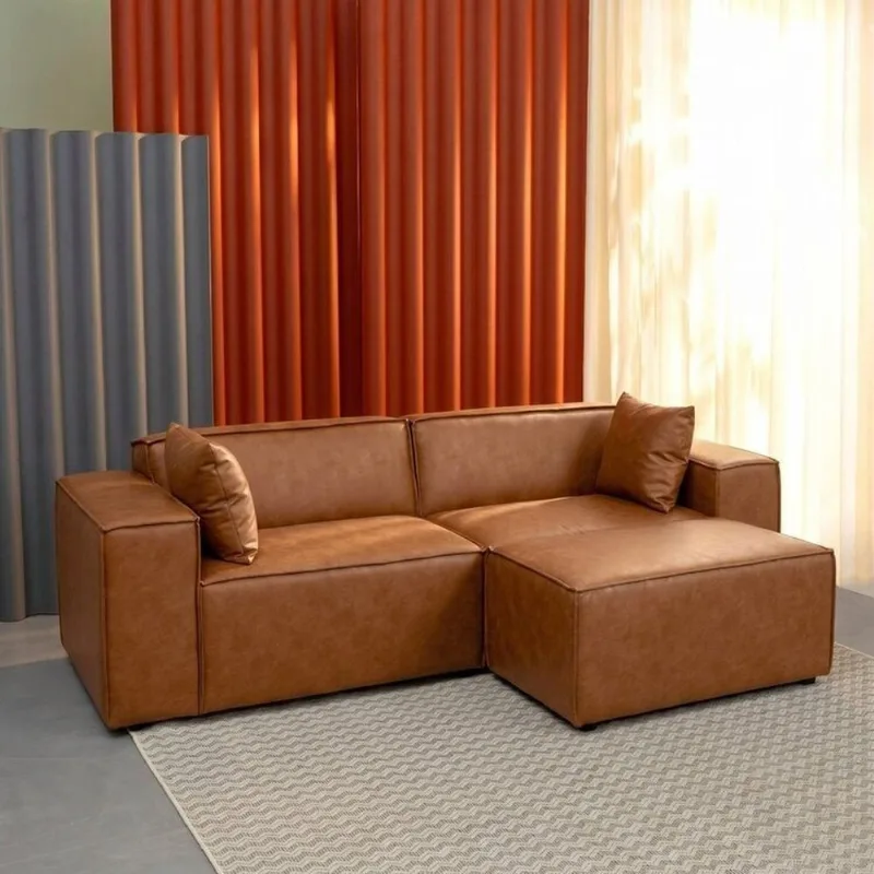 Conjunto Sofá 220cm e Puff 80cm Baobá CabeCasa MadeiraOriginals Cobre Courino Coffe Courino Coffee