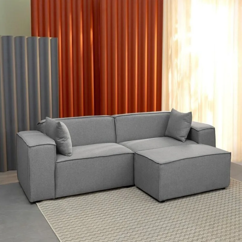 Conjunto Sofá 220cm e Puff 80cm Baobá CabeCasa MadeiraOriginals Cinza Linho Silver Linho Silver