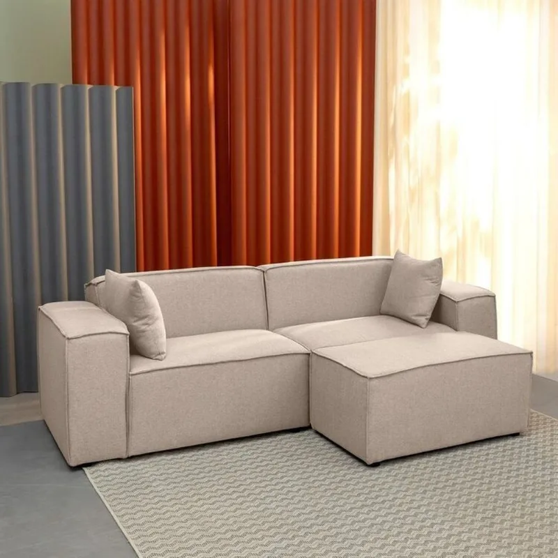 Conjunto Sofá 220cm e Puff 80cm Baobá CabeCasa MadeiraOriginals Bege Linho Avelã Linho Avelã
