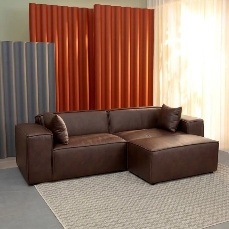Conjunto Sofá 260cm e Puff 100cm Baobá CabeCasa MadeiraOriginals Marrom Courino Castanho Courino Castanho