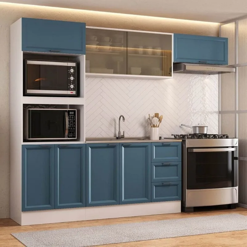 Cozinha Compacta Planejada 4 Peças 1 Paneleiro Torre Quente 2 Aéreos 1 Balcão Soho CabeCasa Madei Branco/Azul