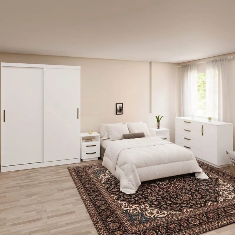 Kit Guarda Roupas 2 Portas, Cômoda e Mesa de Cabeceira Araçá CabeCasa MadeiraOriginals Branco Branco