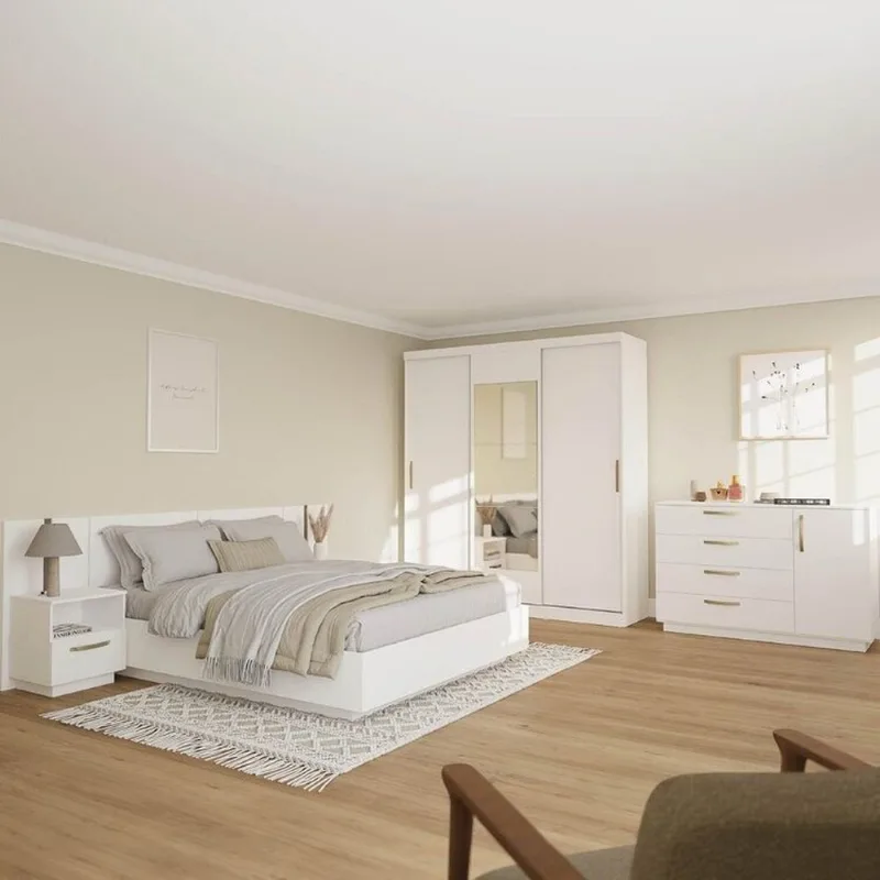 Kit Guarda Roupas 3 Portas, Cama Queen e Complementos de Quarto Araçá CabeCasa MadeiraOriginals Br Branco