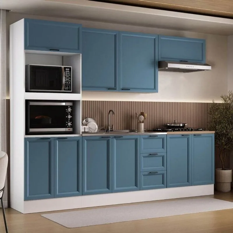 Cozinha Compacta Planejada 5 Peças 1 Paneleiro Torre Quente 2 Aéreos 2 Balcões Soho CabeCasa Made Branco/Azul