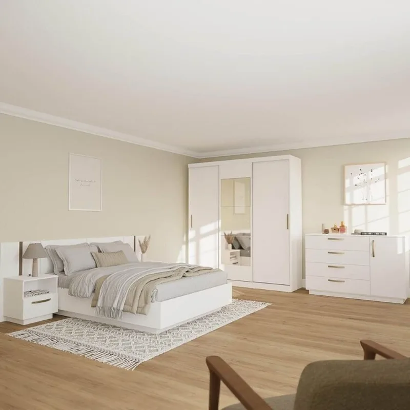Kit Guarda Roupas 3 Portas, Cama Casal e Complementos de Quarto Araçá CabeCasa MadeiraOriginals Branco Branco