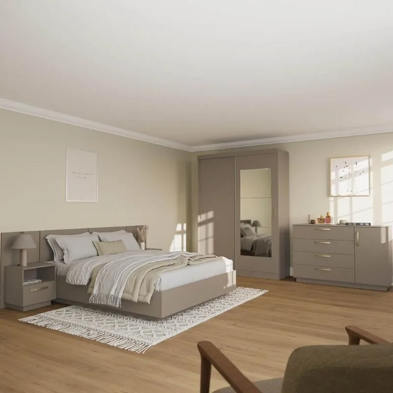 Kit Guarda Roupas 2 Portas, Cama Queen e Complementos de Quarto Araçá CabeCasa MadeiraOriginals Cinza/Fendi Fendi
