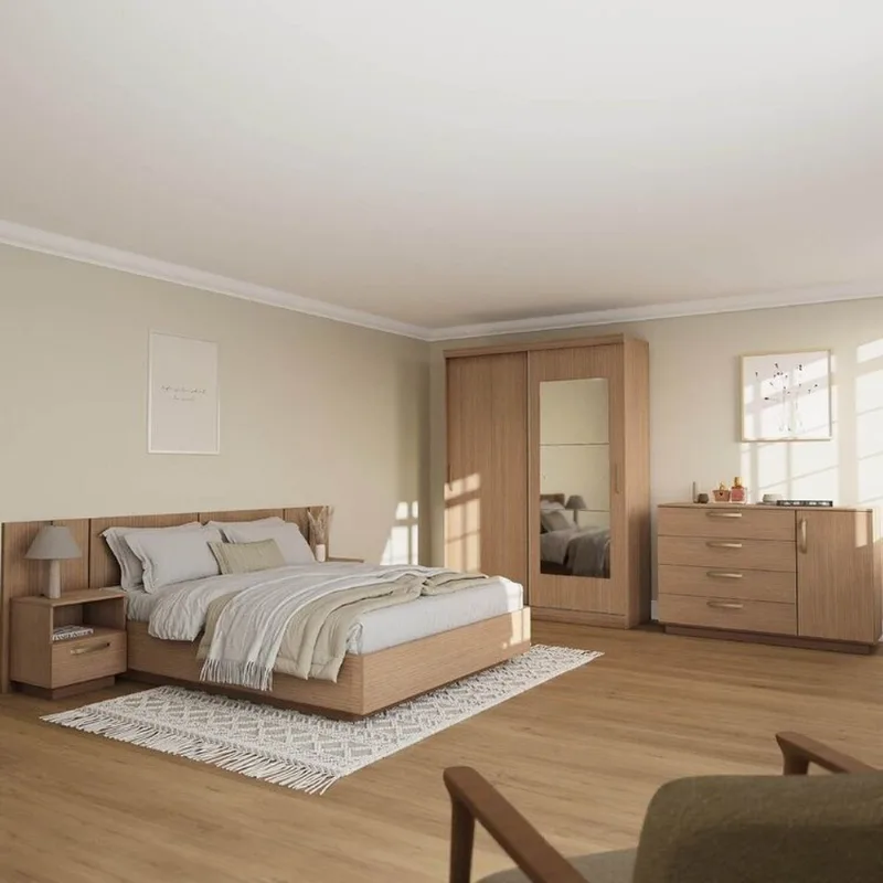 Kit Guarda Roupas 2 Portas, Cama Queen e Complementos de Quarto Araçá CabeCasa MadeiraOriginals Ma Nogueira