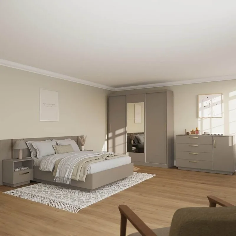 Kit Guarda Roupas 3 Portas, Cama Casal e Complementos de Quarto Araçá CabeCasa MadeiraOriginals Ci Fendi