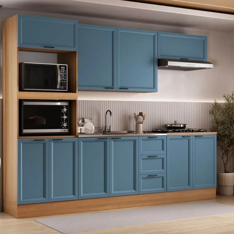 Cozinha Compacta Planejada 5 Peças 1 Paneleiro Torre Quente 2 Aéreos 2 Balcões Soho CabeCasa Made Freijó/Azul