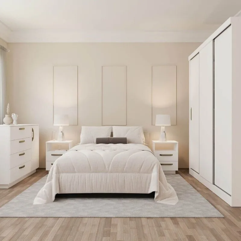 Kit Guarda Roupas 3 Portas, Cômoda e Mesa de Cabeceira Araçá CabeCasa MadeiraOriginals Branco Branco