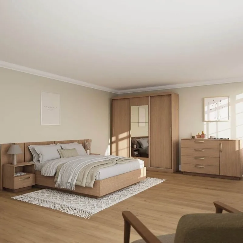 Kit Guarda Roupas 3 Portas, Cama Queen e Complementos de Quarto Araçá CabeCasa MadeiraOriginals Ma Nogueira
