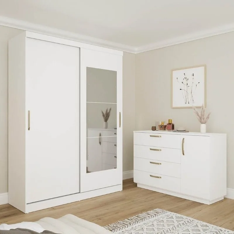 Kit Guarda Roupas 2 Portas e Cômoda Araçá CabeCasa MadeiraOriginals Branco Branco