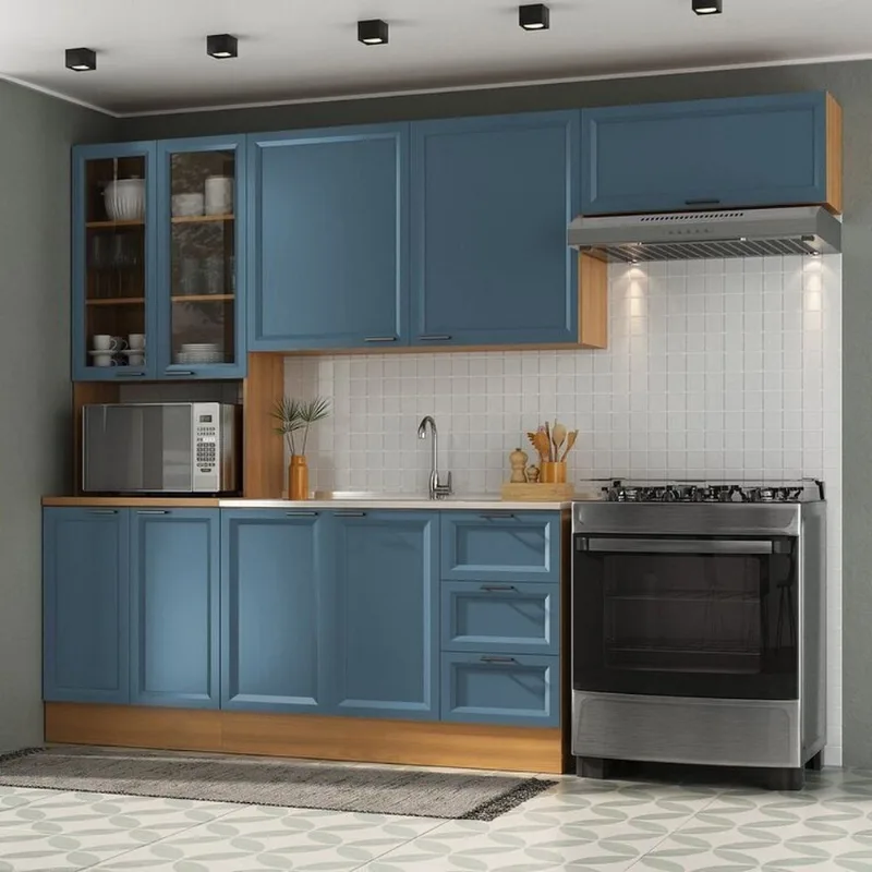 Cozinha Compacta Planejada 4 Peças 1 Paneleiro Duplo 2 Aéreos 1 Balcão Soho CabeCasa MadeiraOrigi Freijó/Azul