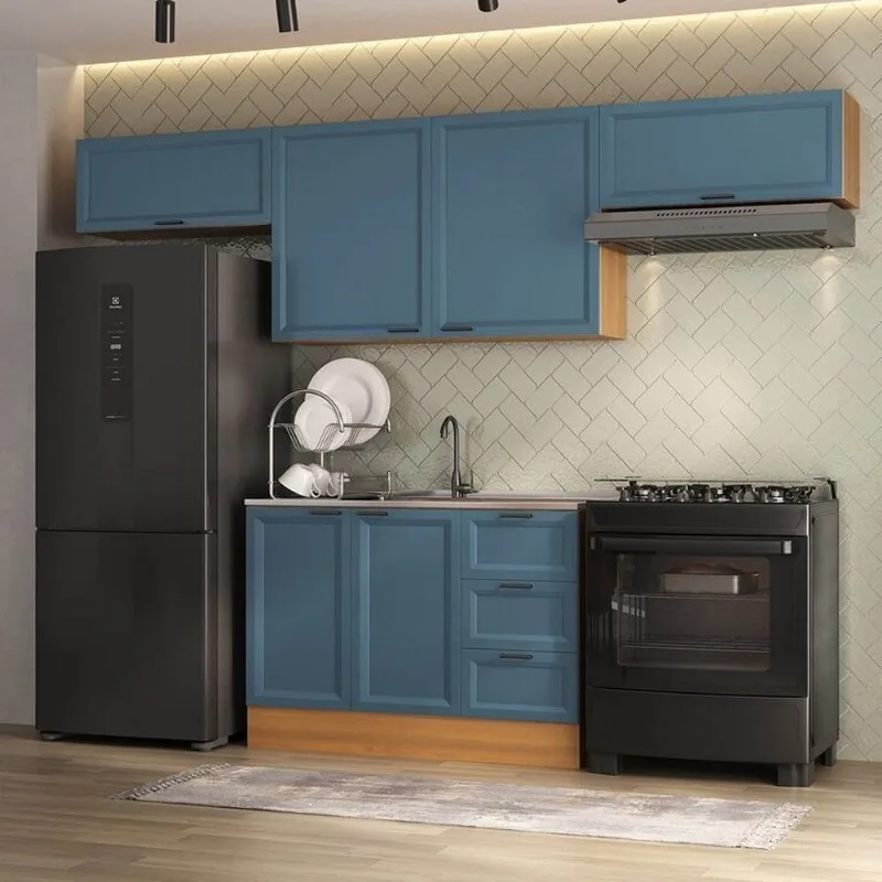 Cozinha Compacta Planejada 4 Peças 3 Aéreos 1 Balcão Soho CabeCasa MadeiraOriginals Azul/Freijó Freijó/Azul