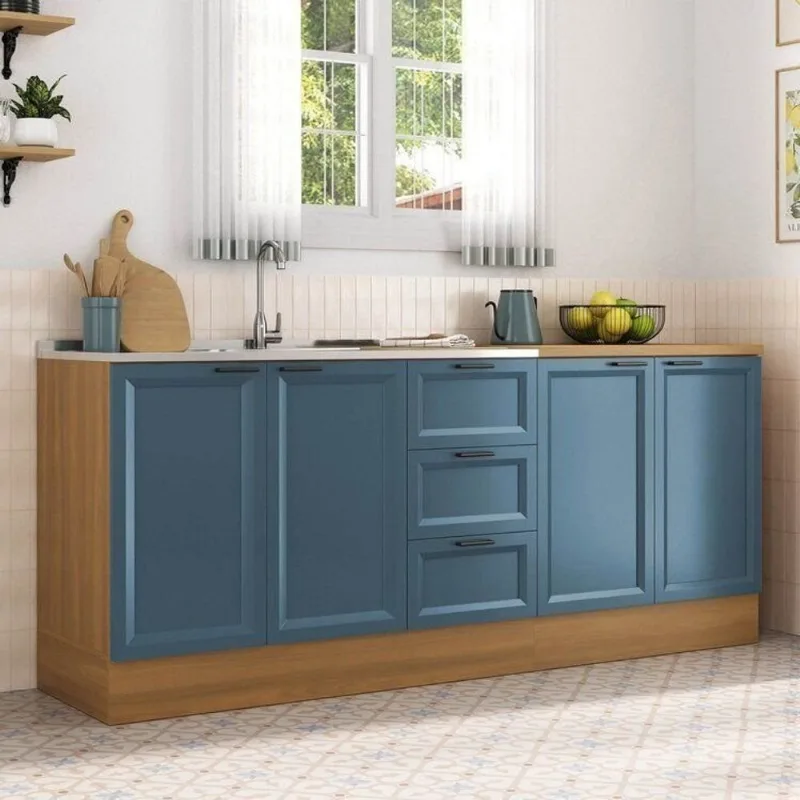Cozinha Compacta Planejada 3 Peças 2 Balcões 1 Tampo Soho CabeCasa MadeiraOriginals Azul/Freijó Freijó/Azul