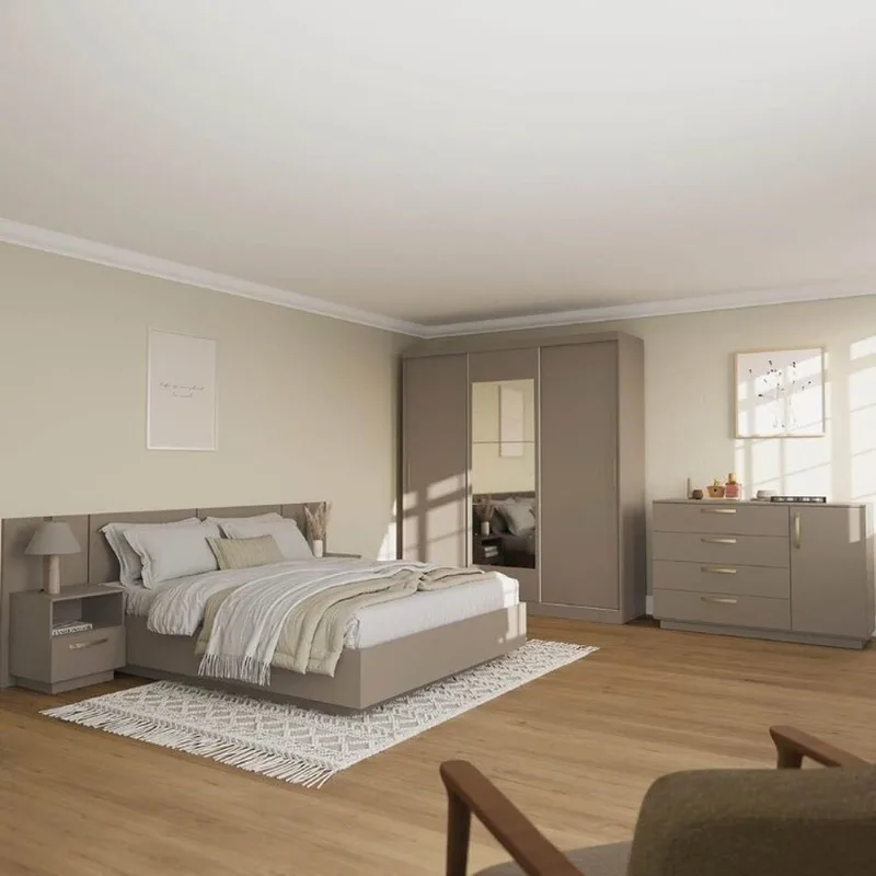 Kit Guarda Roupas 3 Portas, Cama Queen e Complementos de Quarto Araçá CabeCasa MadeiraOriginals Cinza/Fendi Fendi