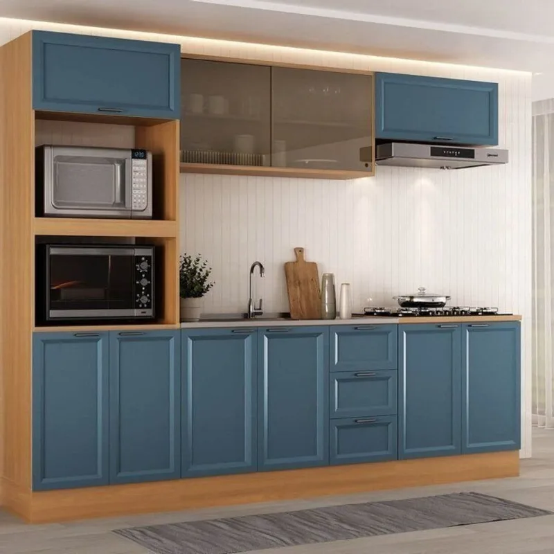 Cozinha Compacta Planejada 5 Peças 1 Paneleiro Torre Quente 2 Aéreos 2 Balcões Soho CabeCasa Made Freijó/Azul