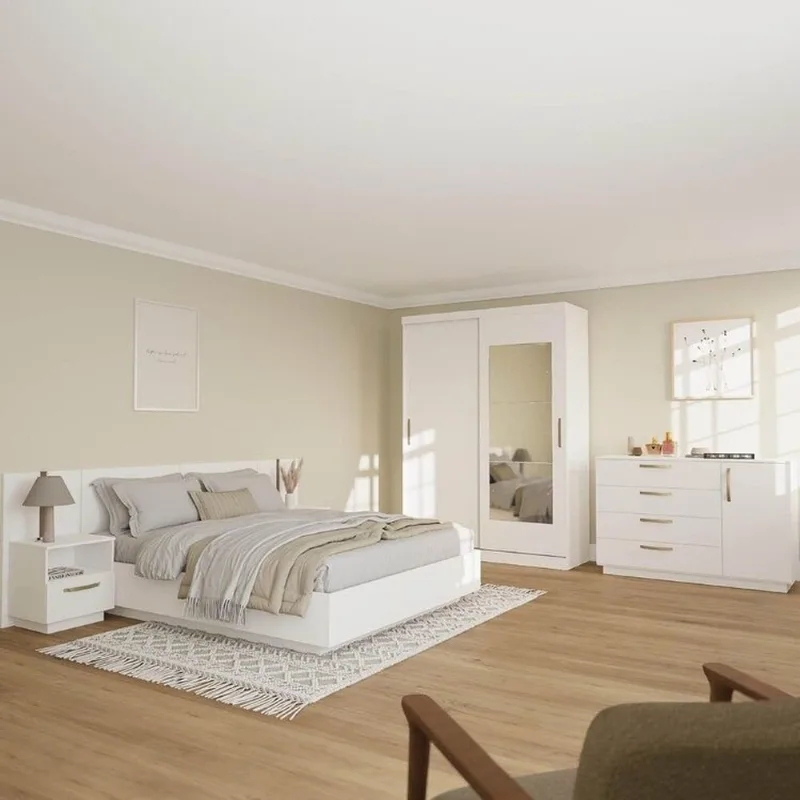 Kit Guarda Roupas 2 Portas, Cama Queen e Complementos de Quarto Araçá CabeCasa MadeiraOriginals Br Branco