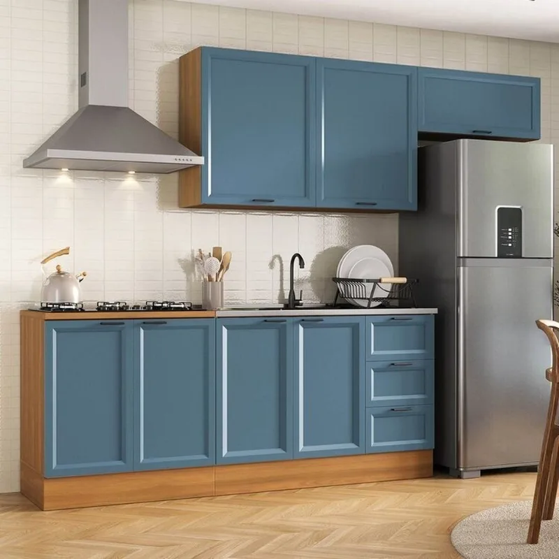 Cozinha Compacta Planejada 4 Peças 2 Aéreos 2 Balcões Soho CabeCasa MadeiraOriginals Azul/Freijó Freijó/Azul