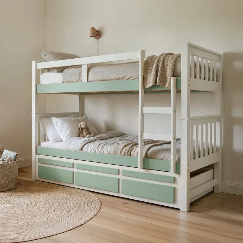 Treliche Solteiro Madeira Maciça com Cama Auxiliar e 3 Gavetas Branco/Verde Branco/Verde