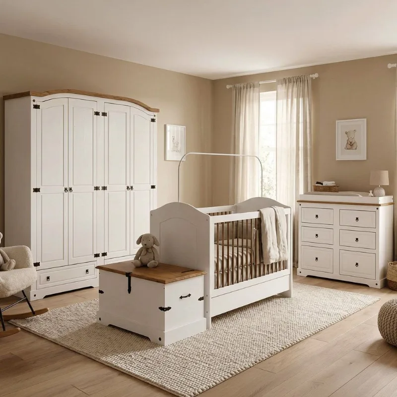 Quarto de Bebê Completo 100% MDF com Guarda Roupa Cômoda Berço e Baú Smile Bege Creme/Carvalho Creme/Carvalho