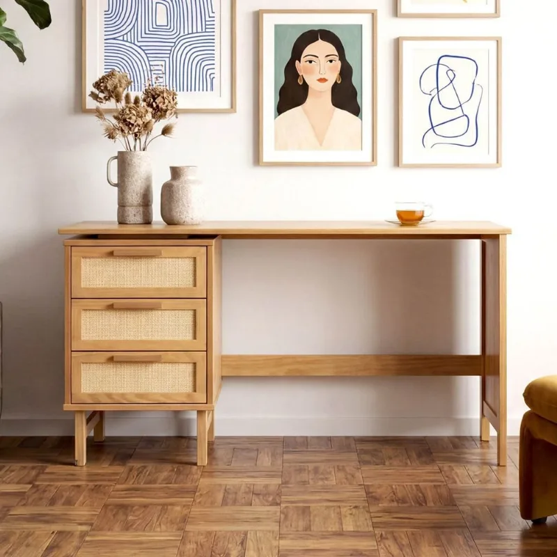 Escrivaninha em Madeira Maciça 3 Gavetas Rattan 150cm Magna CabeCasa MadeiraOriginals Bege/Mel Mel