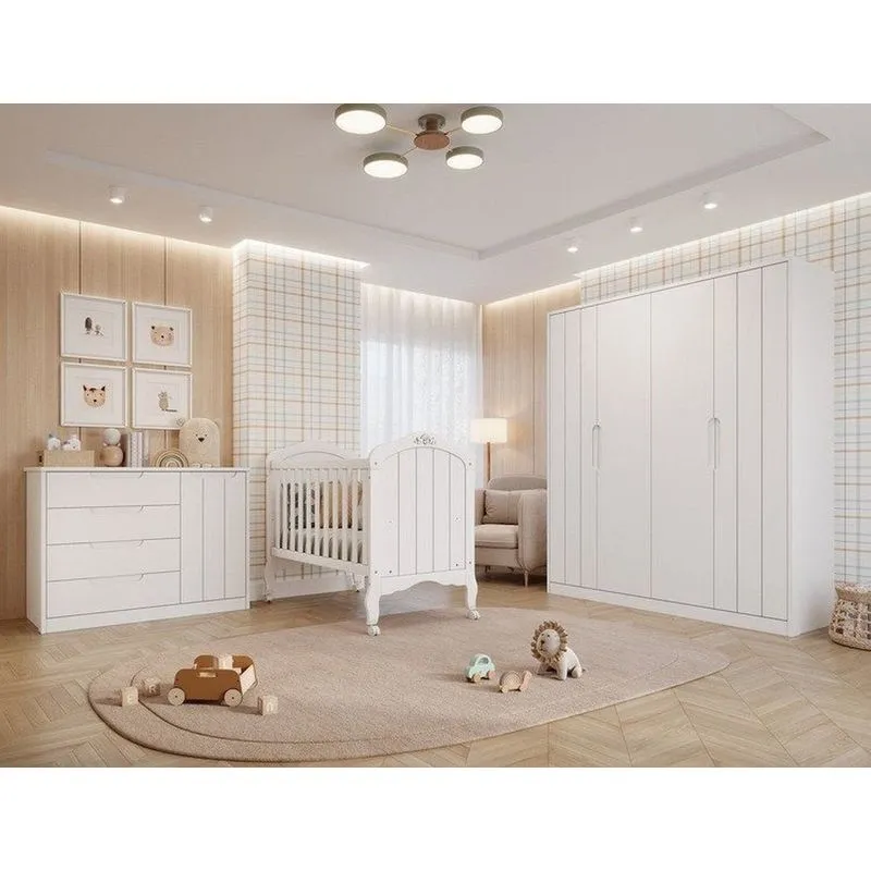 Quarto De Bebê 1 Berço Alegria 1 Cômoda 1 Guarda Roupa 4 Portas 4 Gavetas Espresso Móveis Branco