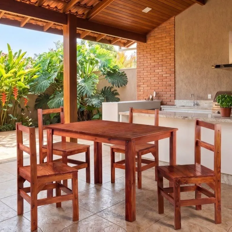 Conjunto Mesa E 4 Cadeiras De Madeira Maciça Área Gourmet Paris Mogano