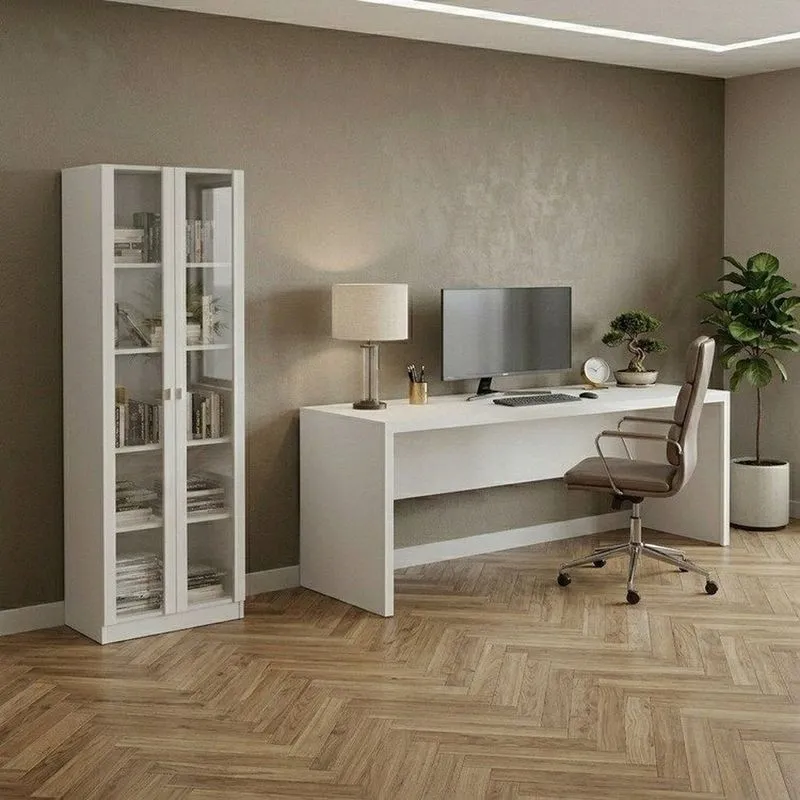 Conjunto De Escritório 2 Peças Com Escrivaninha Me4185 E Armário Me4115 Com 2 Portas De Vidro Branco