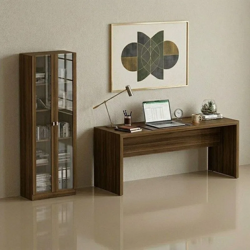 Conjunto De Escritório 2 Peças Com Escrivaninha Me4185 E Armário Me4115 Com 2 Portas De Vidro Nogal