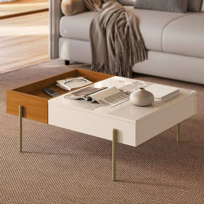 Mesa Centro Para Sala De Estar Retangular Com Bandeja Integrada 84cmx30cm Leme Cinamomo/Off White