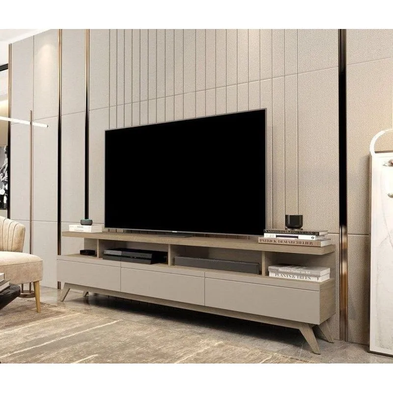 Rack Para TV Até 72 Polegadas MDF 180cm Pés em Madeira Maciça Vivare 3 Gavetas Hanover Fendi