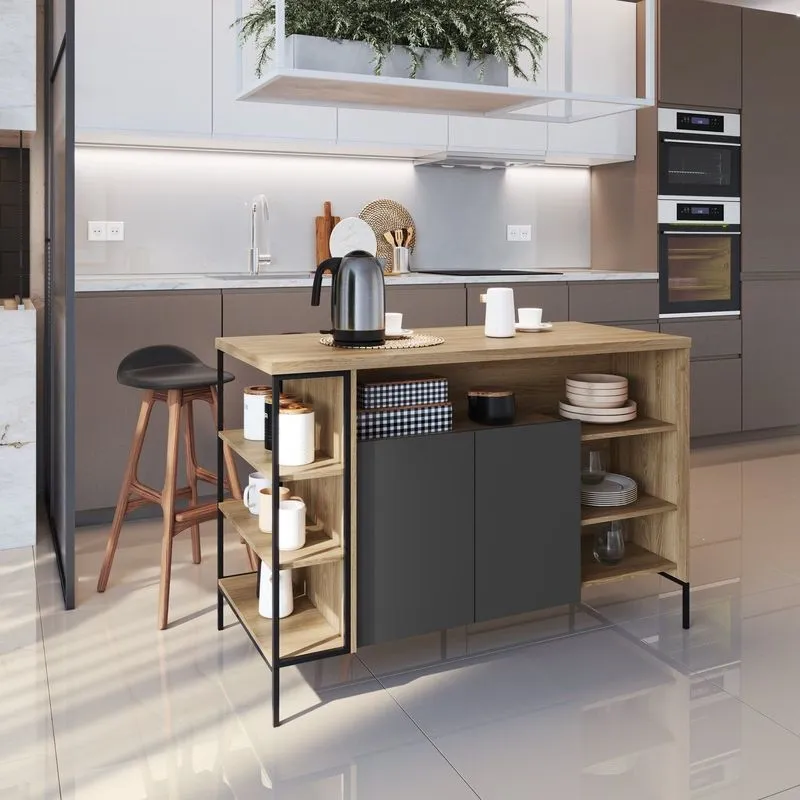 Mesa Bancada Gourmet Estilo Industrial 131cm Com Armario 2 Portas Yescasa Oak/Grafite