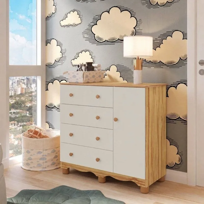 Cômoda Infantil 1 Porta 4 Gavetas 100% MDF Mimo Espresso Móveis Bege/Off White/Amêndoa OFF-WHITE/AMÊNDOA