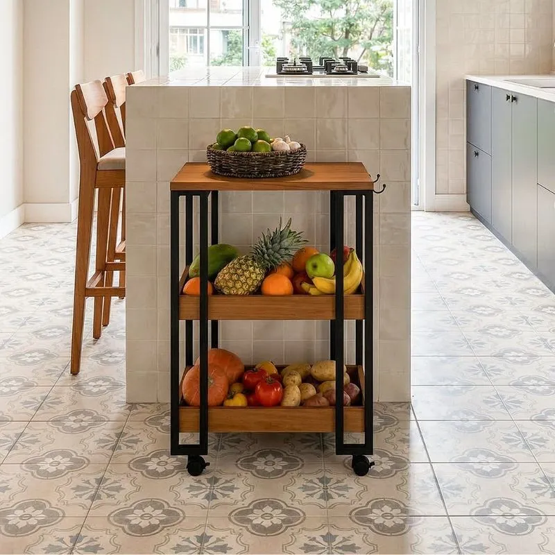 Carrinho Auxiliar Madeira Maciça Pés Aço Carbono Industrial Garapa / Preto