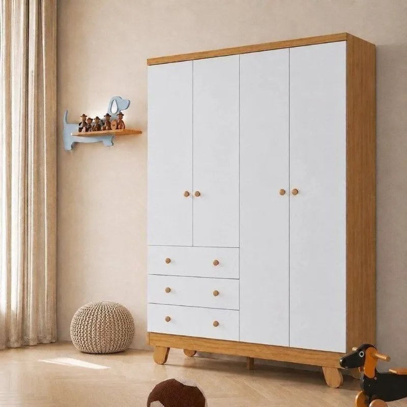 Guarda-Roupa Infantil 4 Portas 3 Gavetas 100% MDF 122cm Espresso Móveis Amêndoa/Branco Brilho Amêndoa/Branco Brilho