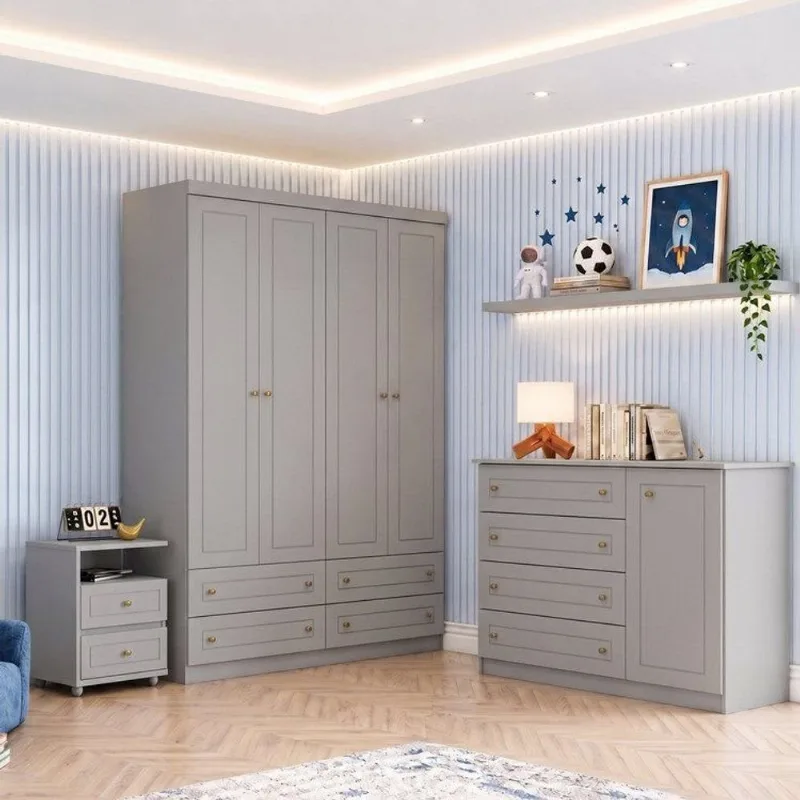 Conjunto para Quarto Juvenil Guarda-Roupa + Cômoda + Mesa de Cabeceira Americano Cinza Henn Cinza