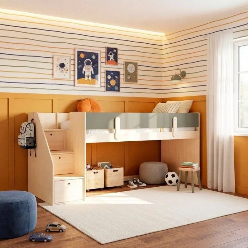 Cama Alta com Escada Lateral em MDF Artsy Casatema Natural/Verde Natural/Verde