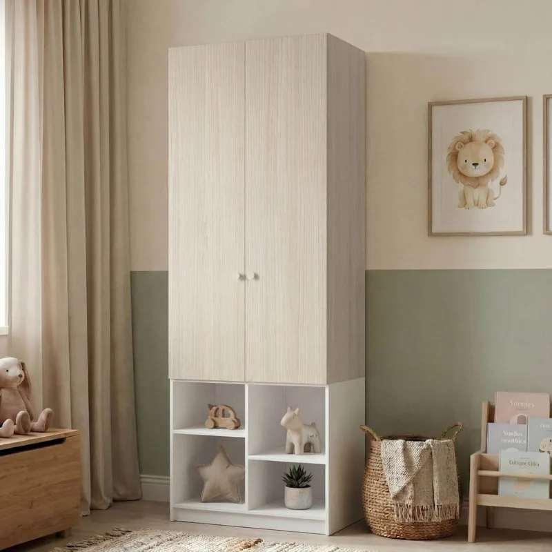 Guarda Roupa 2 Portas com Nichos e 1 Gaveta Curió Casatema Natural/Branco Branco/Natural